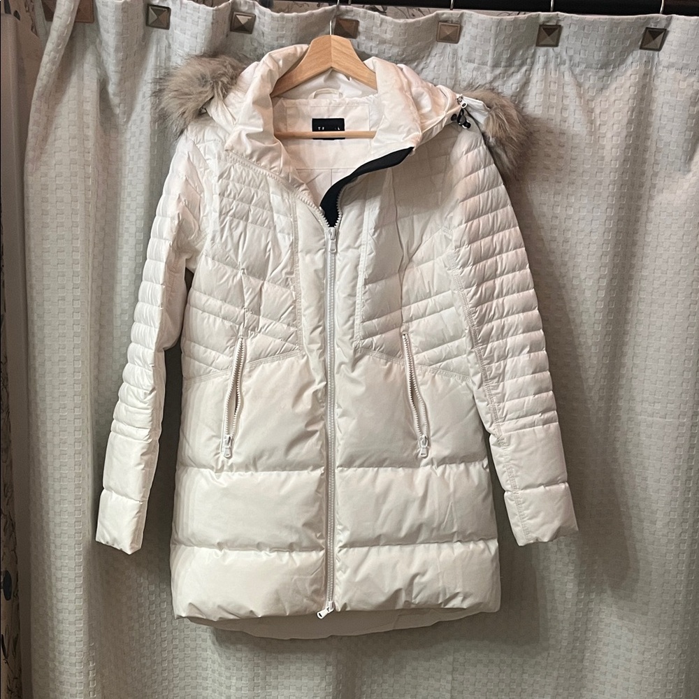 Tribal White Puffer Jacket with Faux Fur Hood